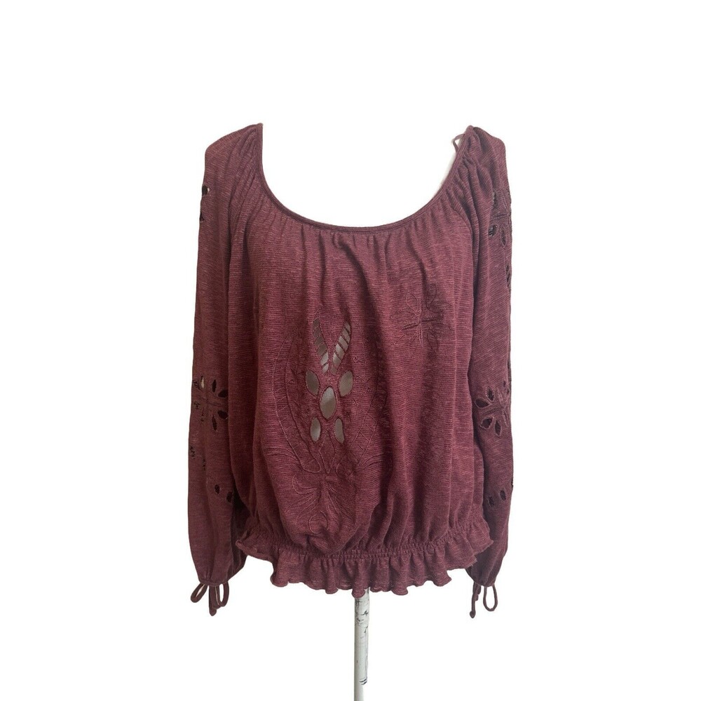 Free People Women's M Jewel Eyelet Peasant Top Long Sleeve Off Shoulder Purple